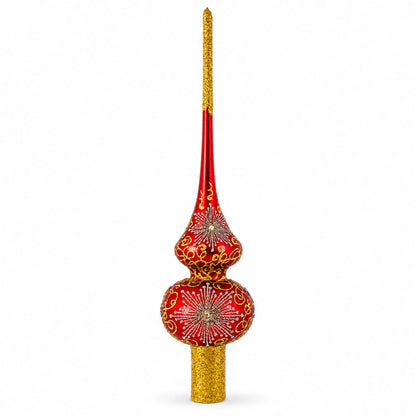 Radiant Jeweled Snowflake on Red Glass Christmas Tree Topper 11 Inches