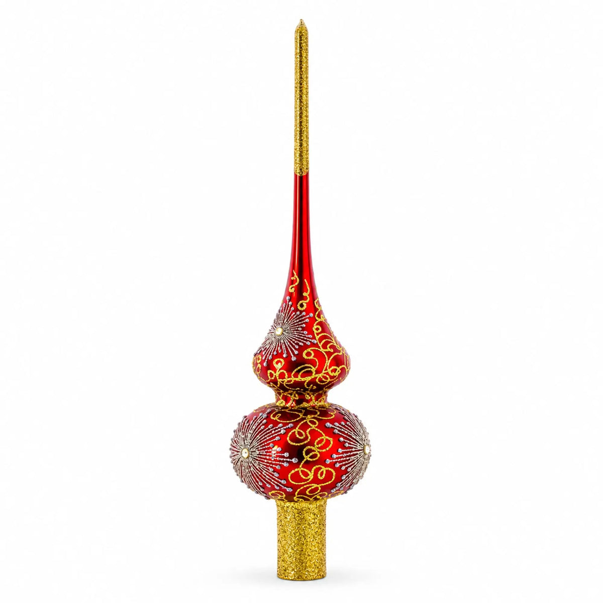 Radiant Jeweled Snowflake on Red Glass Christmas Tree Topper 11 Inches