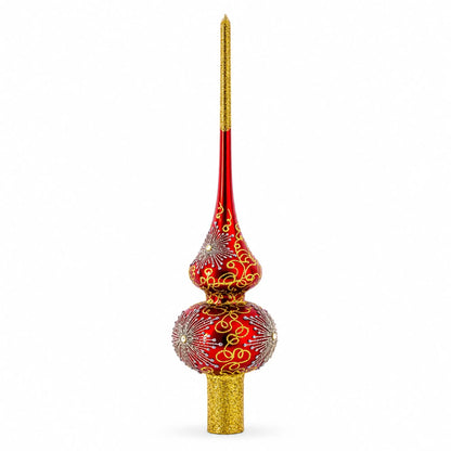 Radiant Jeweled Snowflake on Red Glass Christmas Tree Topper 11 Inches