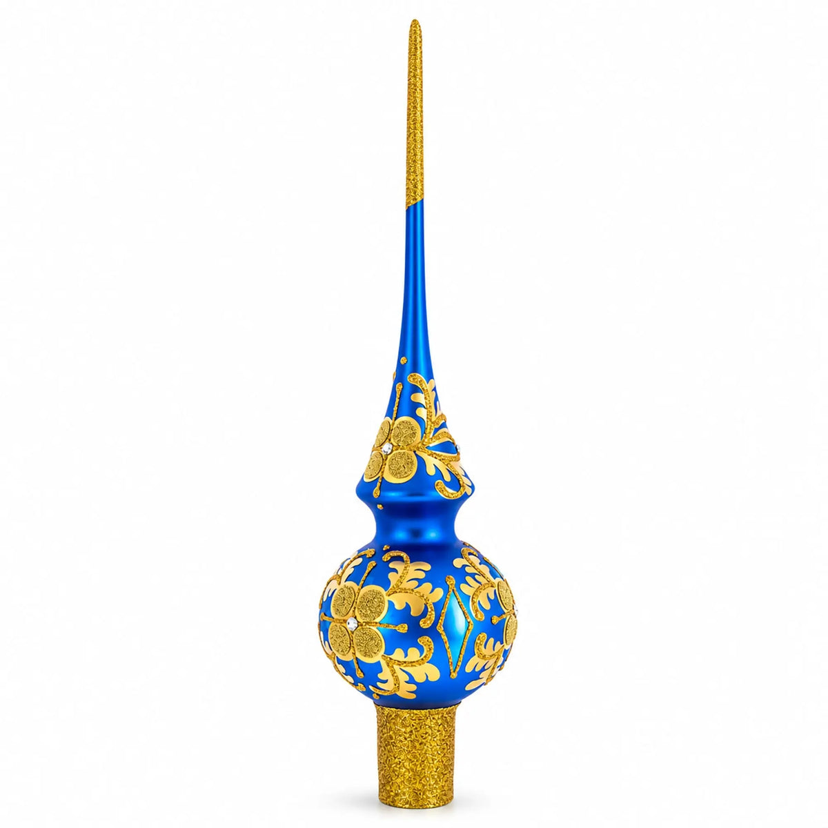 Jeweled Golden Leaves on Blue Glass Christmas Tree Topper 11 Inches