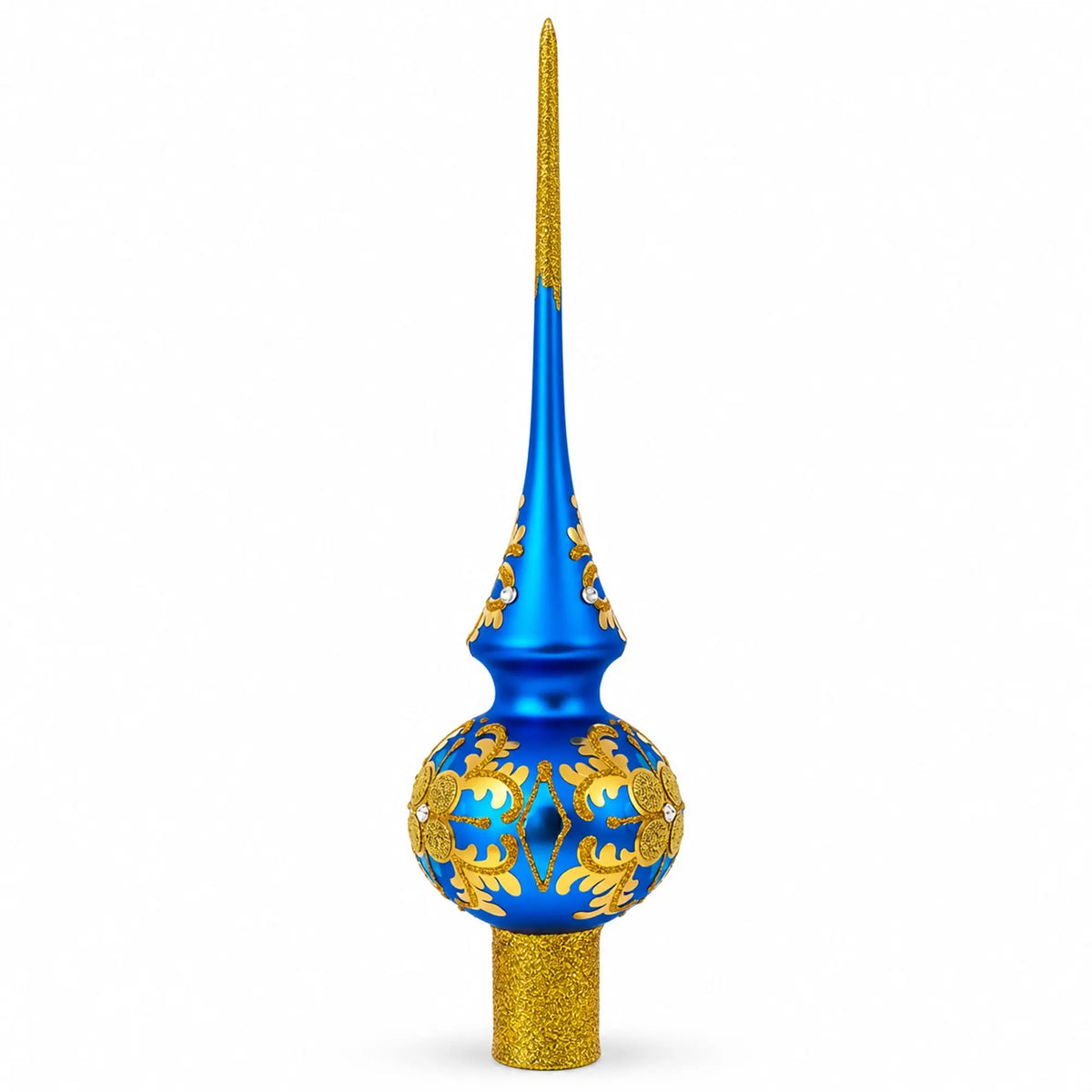 Jeweled Golden Leaves on Blue Glass Christmas Tree Topper 11 Inches