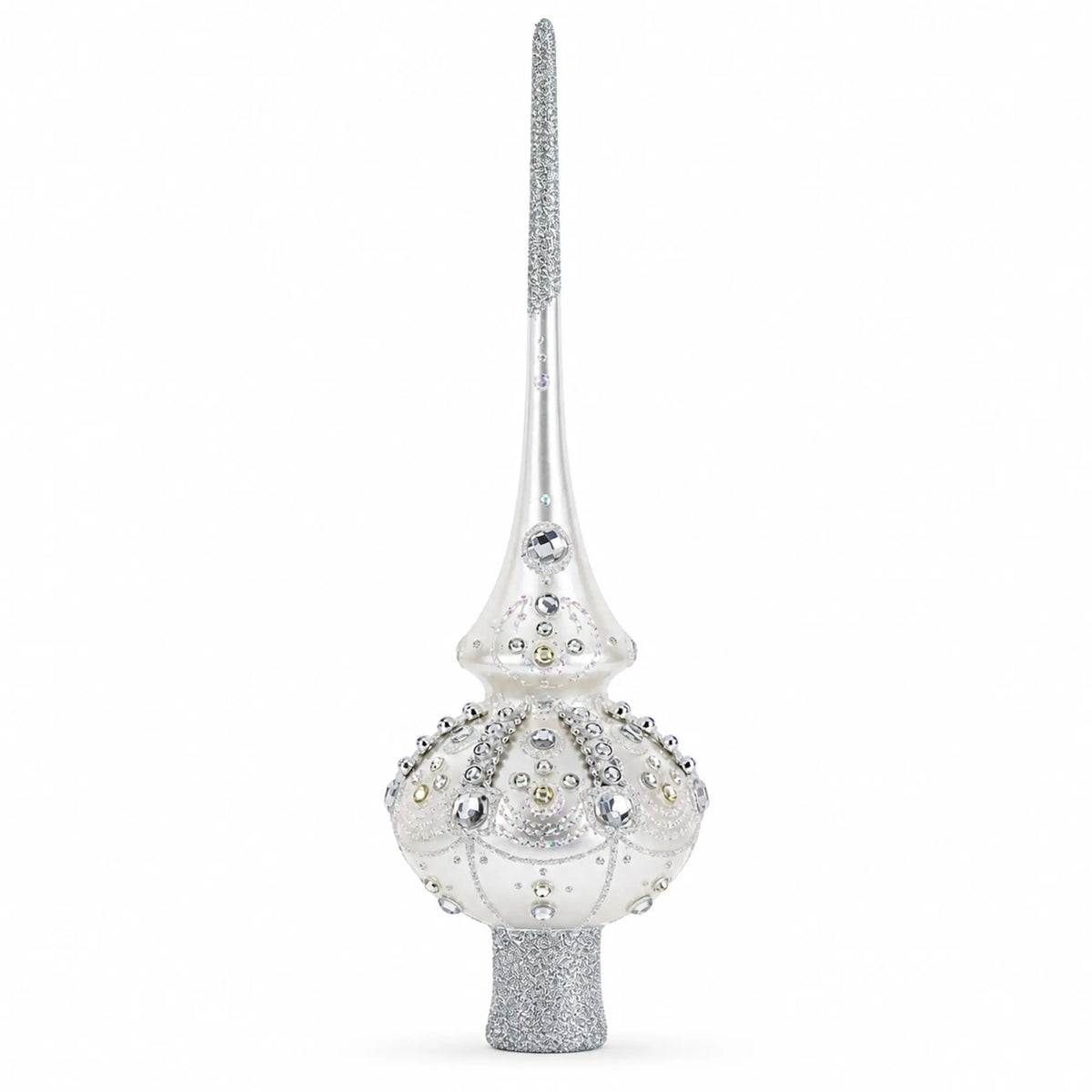 White Jewels on Silver Glass Christmas Tree Topper 11 Inches