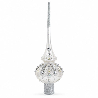 White Jewels on Silver Glass Christmas Tree Topper 11 Inches
