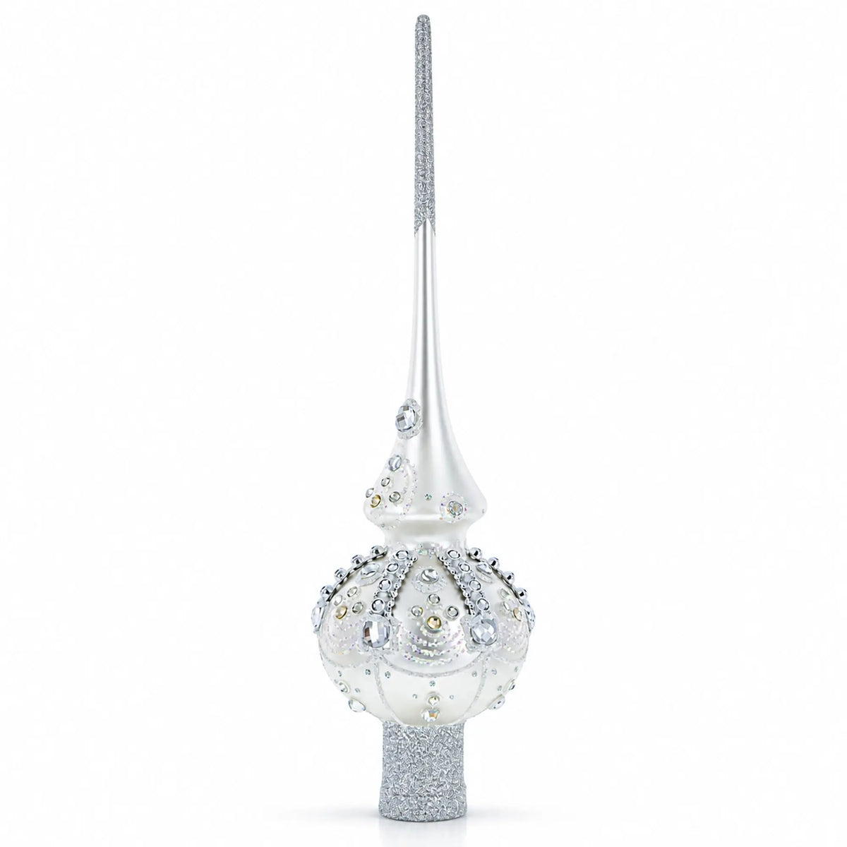 White Jewels on Silver Glass Christmas Tree Topper 11 Inches