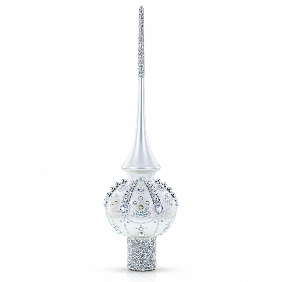 White Jewels on Silver Glass Christmas Tree Topper 11 Inches
