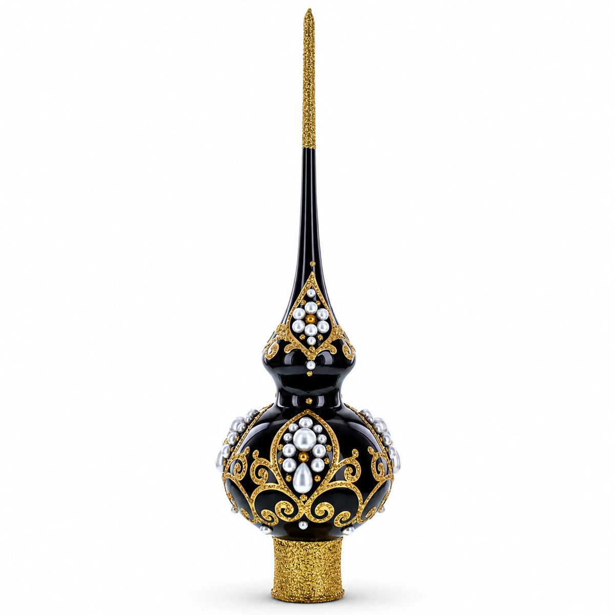 Black and Gold Filigree Design Glass Christmas Tree Topper 11 Inches