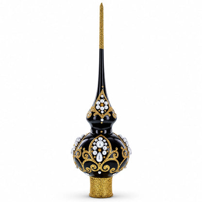 Black and Gold Filigree Design Glass Christmas Tree Topper 11 Inches