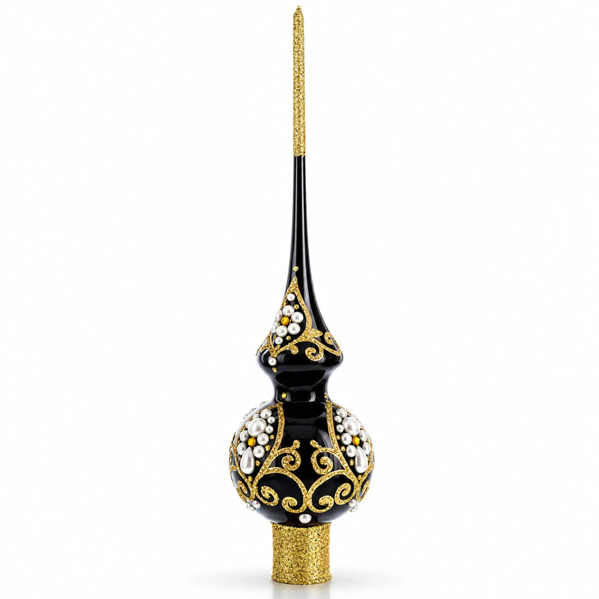 Black and Gold Filigree Design Glass Christmas Tree Topper 11 Inches