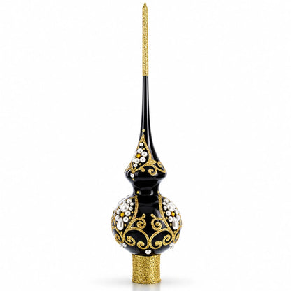 Black and Gold Filigree Design Glass Christmas Tree Topper 11 Inches