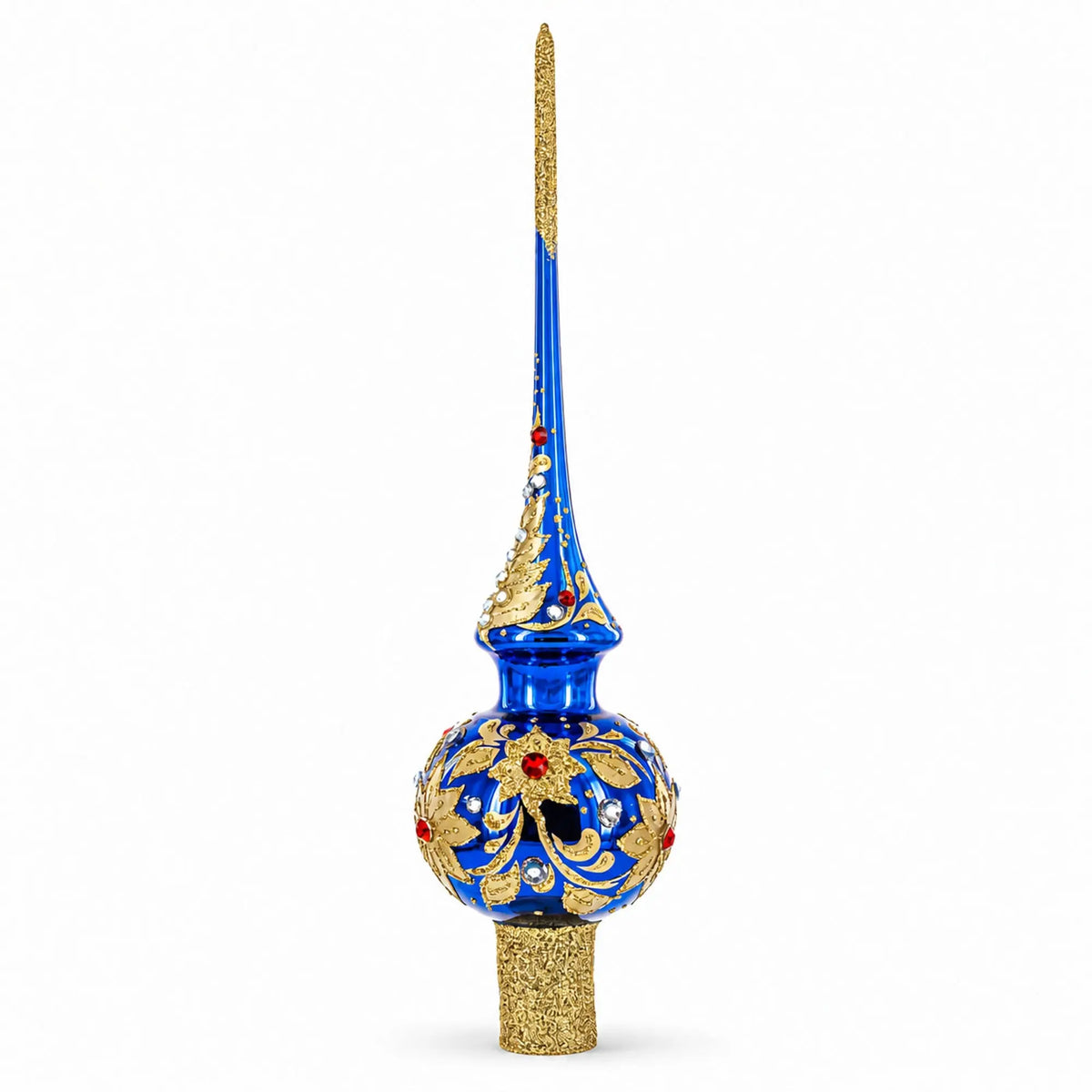 Royal Blue and Gold Floral Majesty Glass Christmas Tree Topper 11 Inches