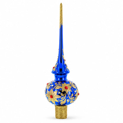 Royal Blue and Gold Floral Majesty Glass Christmas Tree Topper 11 Inches