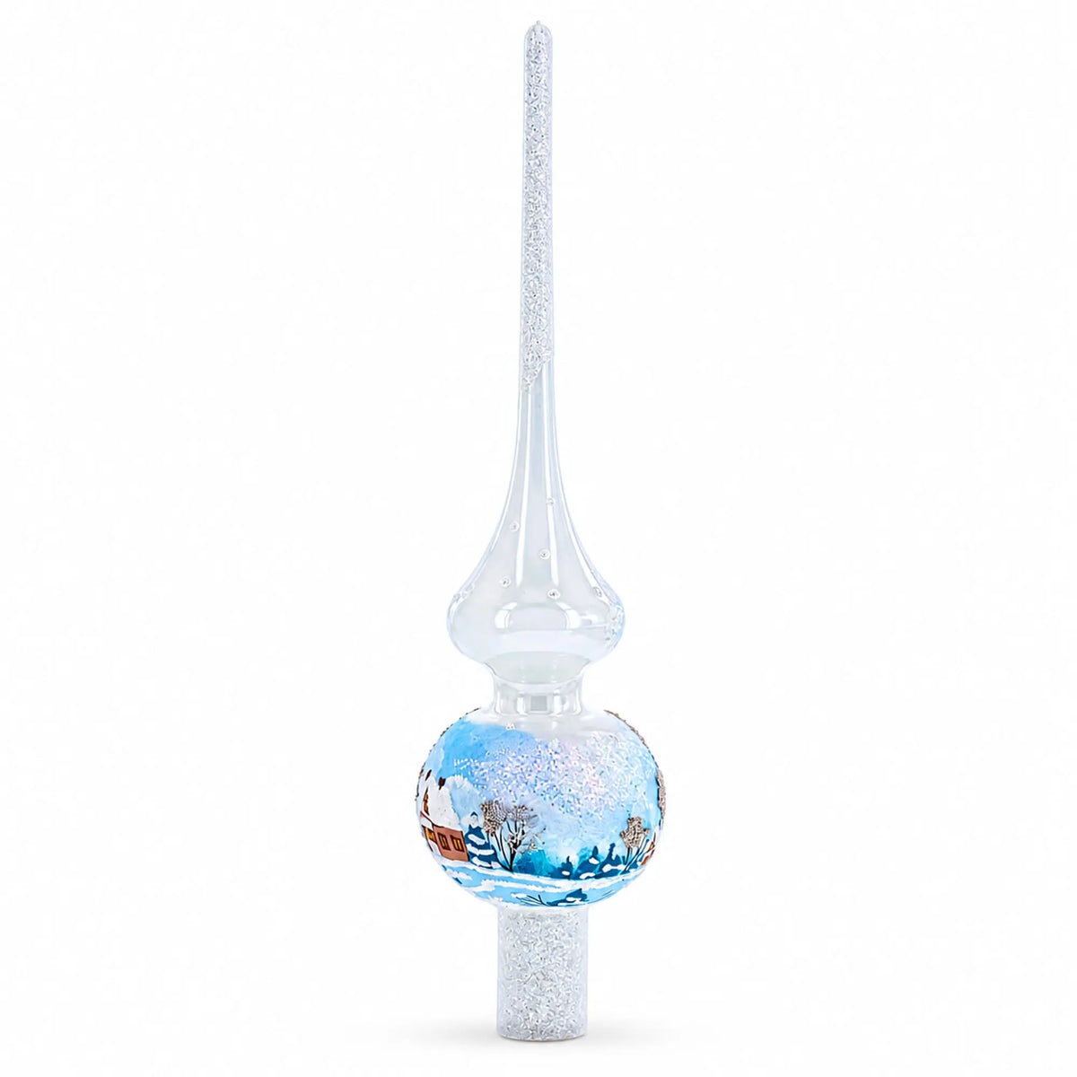 Winter Wonderland Scene with Sparkling Snow Glass Christmas Tree Topper 11 Inches