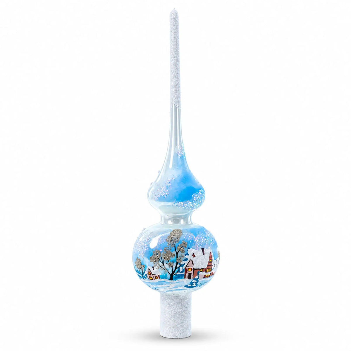 Winter Wonderland Scene with Sparkling Snow Glass Christmas Tree Topper 11 Inches