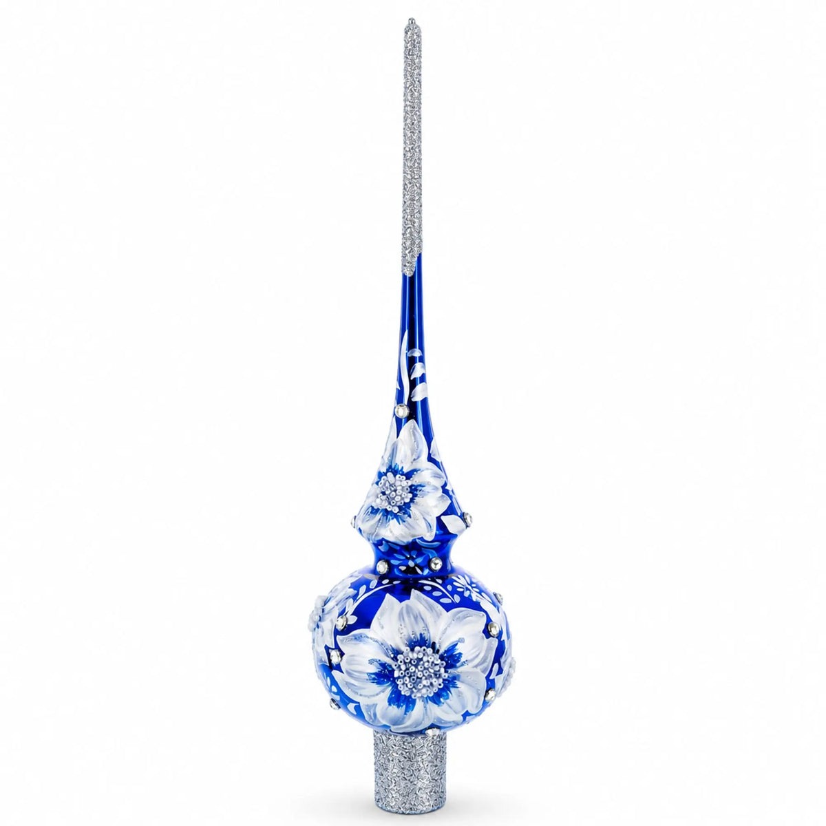 Elegant Cobalt Bloom with Glittering Accents Glass Christmas Tree Topper 11 Inches
