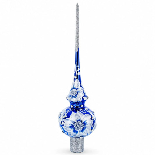 Elegant Cobalt Bloom with Glittering Accents Glass Christmas Tree Topper 11 Inches BestPysanky Default Title Default Title-