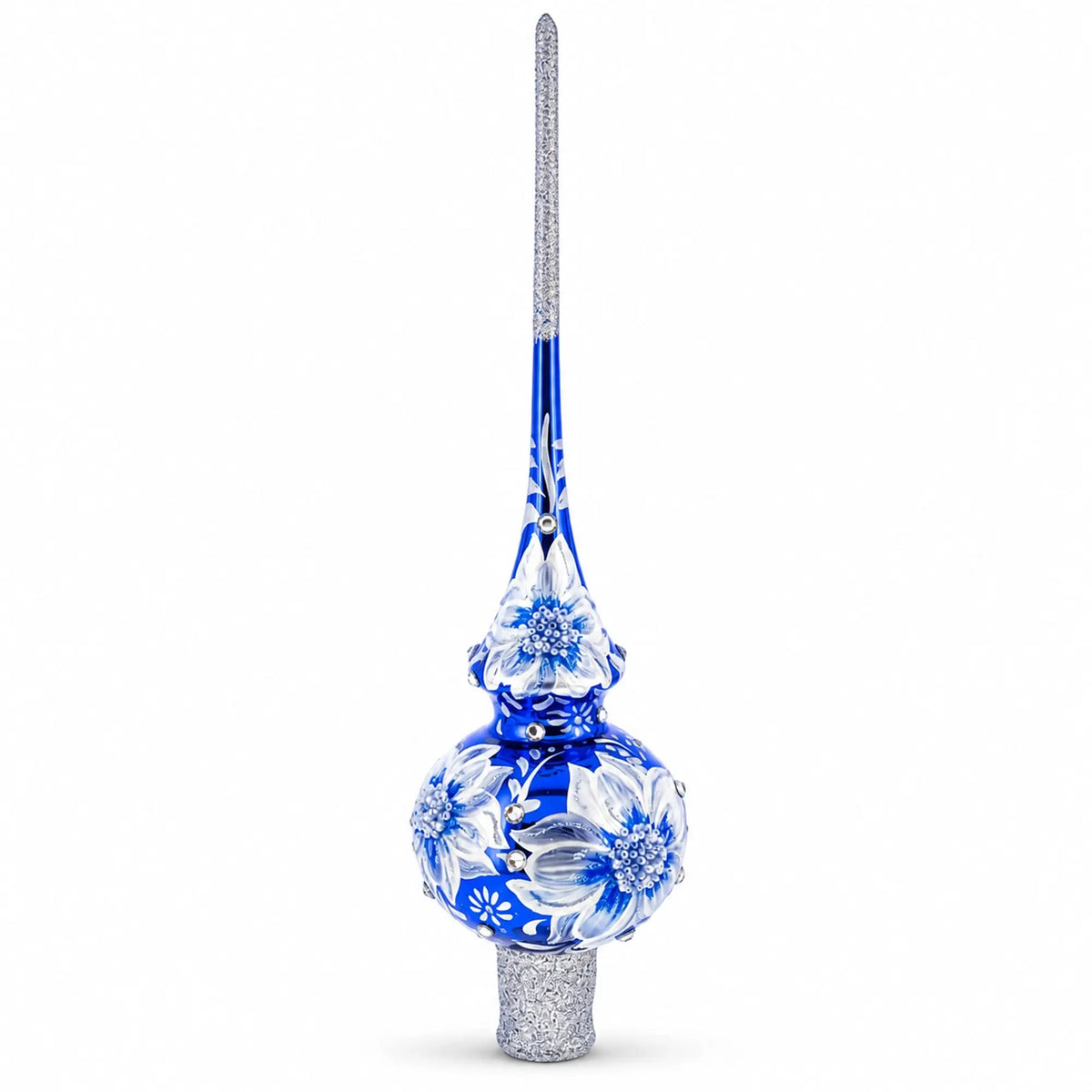 Elegant Cobalt Bloom with Glittering Accents Glass Christmas Tree Topper 11 Inches