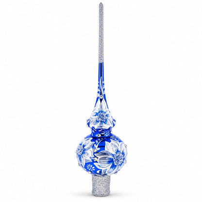 Elegant Cobalt Bloom with Glittering Accents Glass Christmas Tree Topper 11 Inches