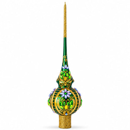Enchanted Emerald Jeweled Green Glass Christmas Tree Topper 11 Inches