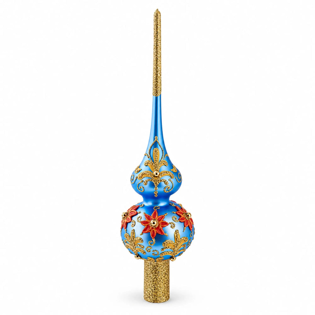 Exquisite Blue and Gold Floral Glass Christmas Tree Topper 11 Inches