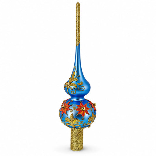 Exquisite Blue and Gold Floral Glass Christmas Tree Topper 11 Inches BestPysanky Default Title Default Title-