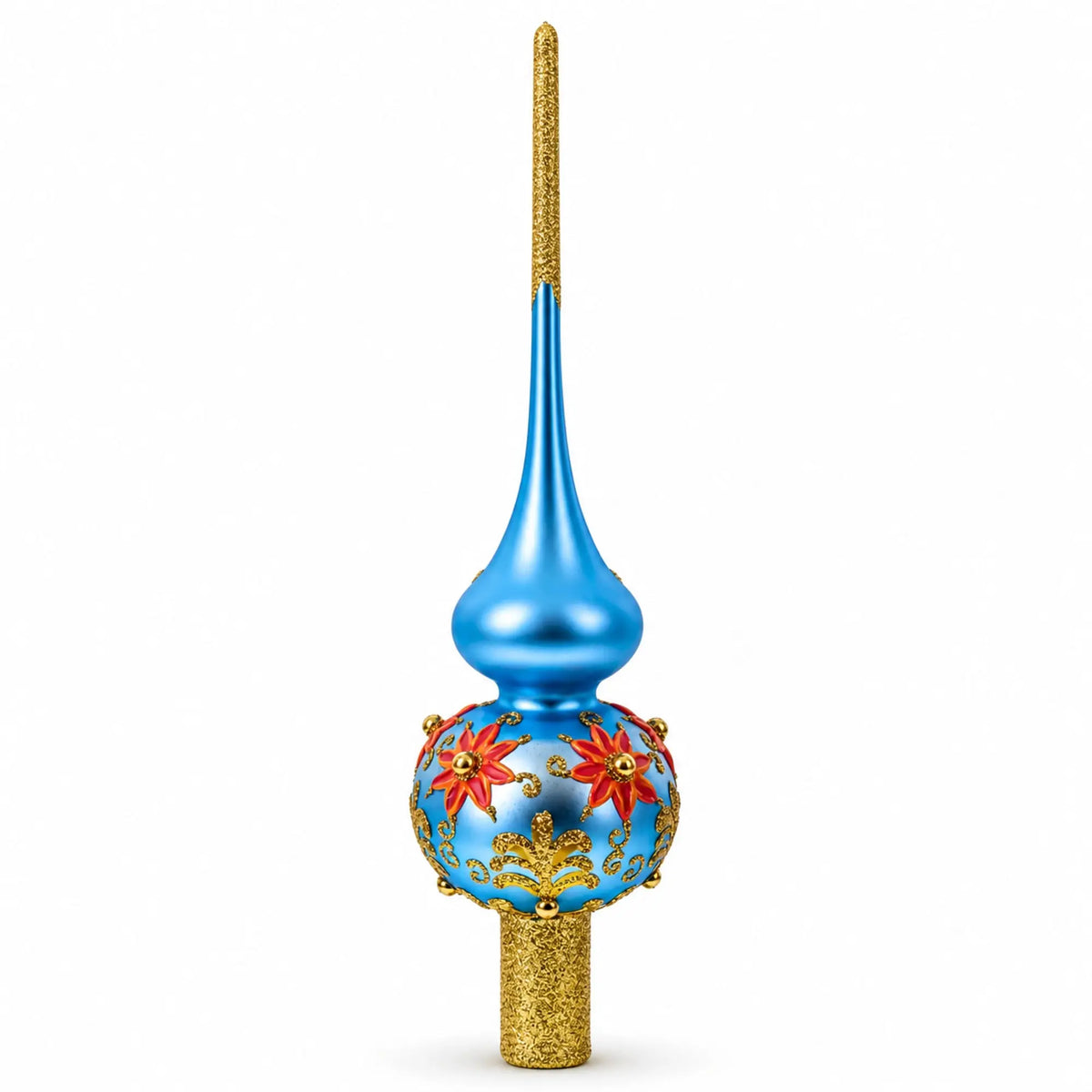 Exquisite Blue and Gold Floral Glass Christmas Tree Topper 11 Inches
