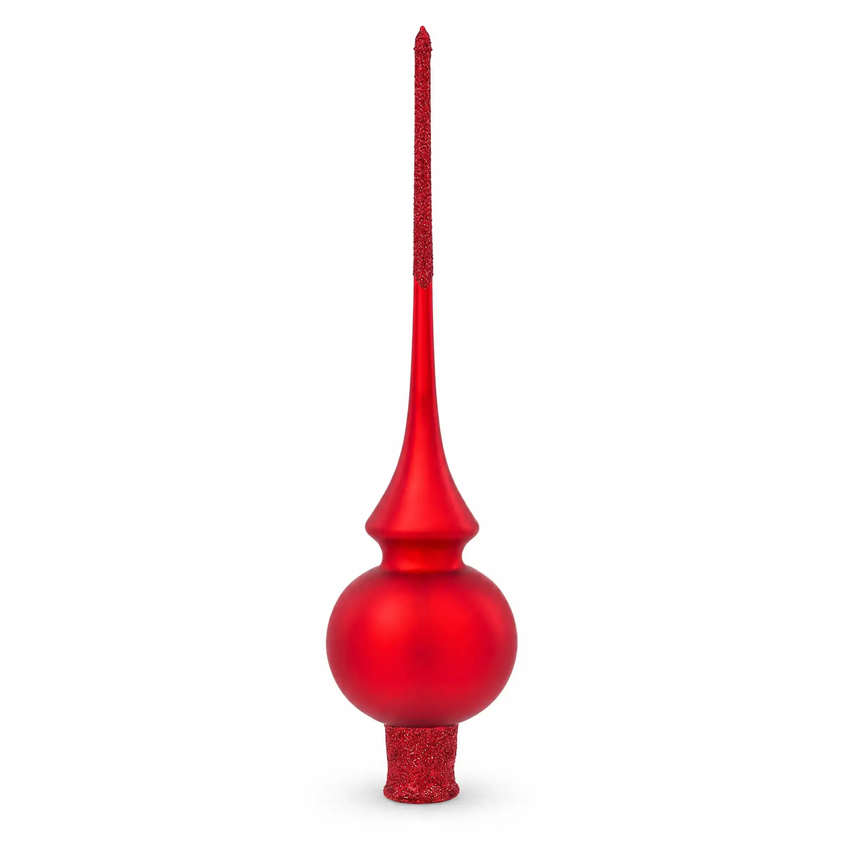 Translucent red glass Christmas tree topper with teardrop body and pointed finial
