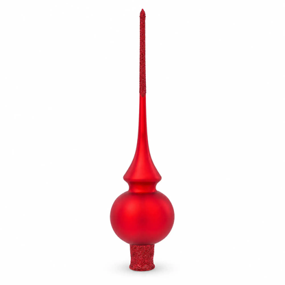 Translucent red glass Christmas tree topper with teardrop body and pointed finial
