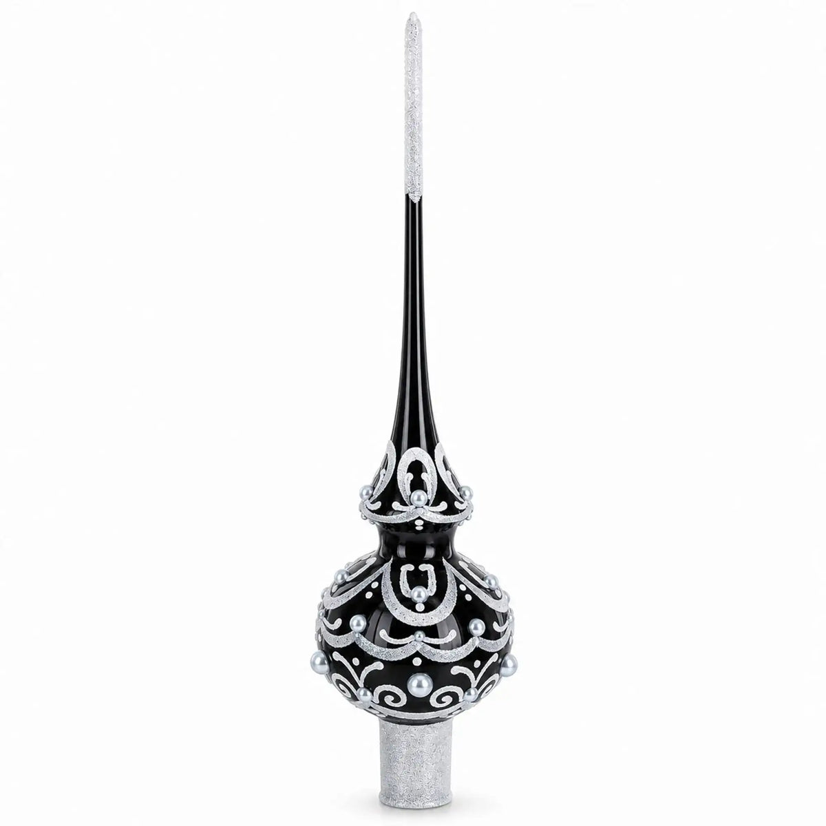 Black & White Scroll Pear Glass Christmas Tree Topper 11 Inches