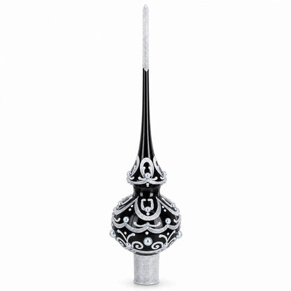 Black & White Scroll Pear Glass Christmas Tree Topper 11 Inches
