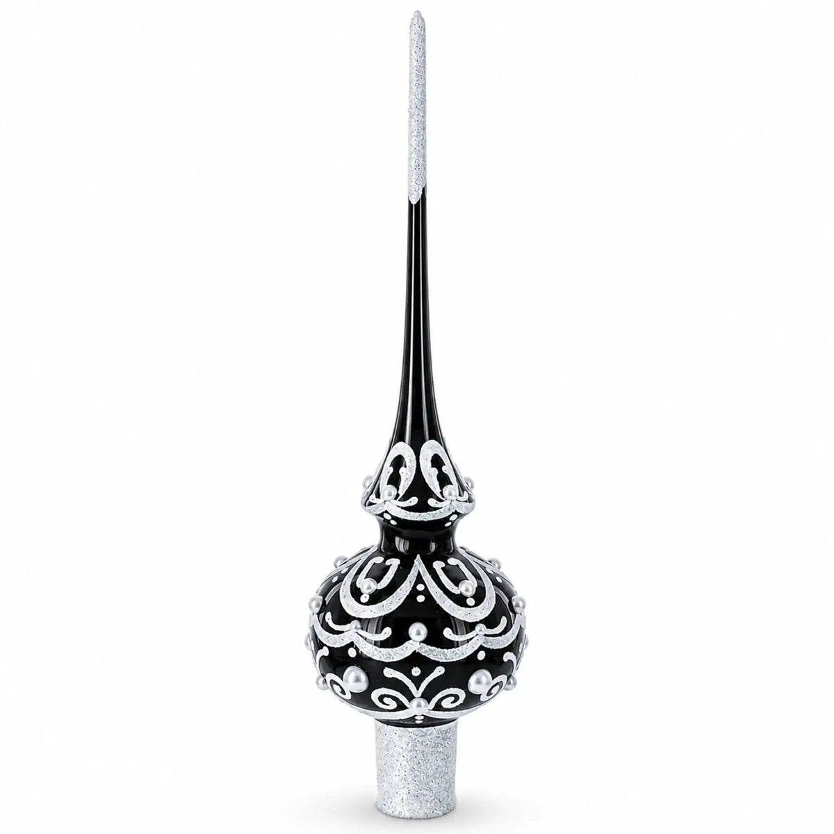 Black & White Scroll Pear Glass Christmas Tree Topper 11 Inches
