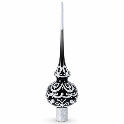 Black & White Scroll Pear Glass Christmas Tree Topper 11 Inches