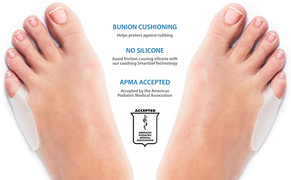 Gel toe bunion guards on both feet with cushioning pads on toes