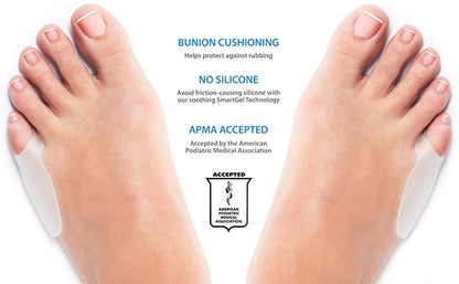 Gel toe bunion guards on both feet with cushioning pads on toes