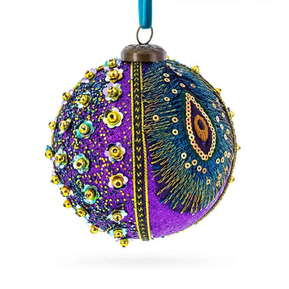 Beaded Purple Peacock Feather Glass Ball Christmas Ornament Cartsfy Inc.