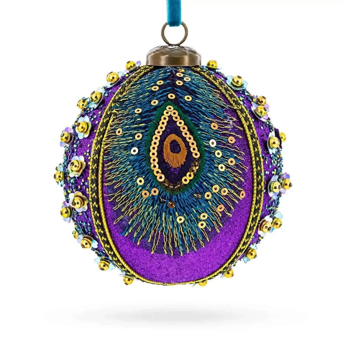 Beaded Purple Peacock Feather Glass Ball Christmas Ornament Cartsfy Inc.