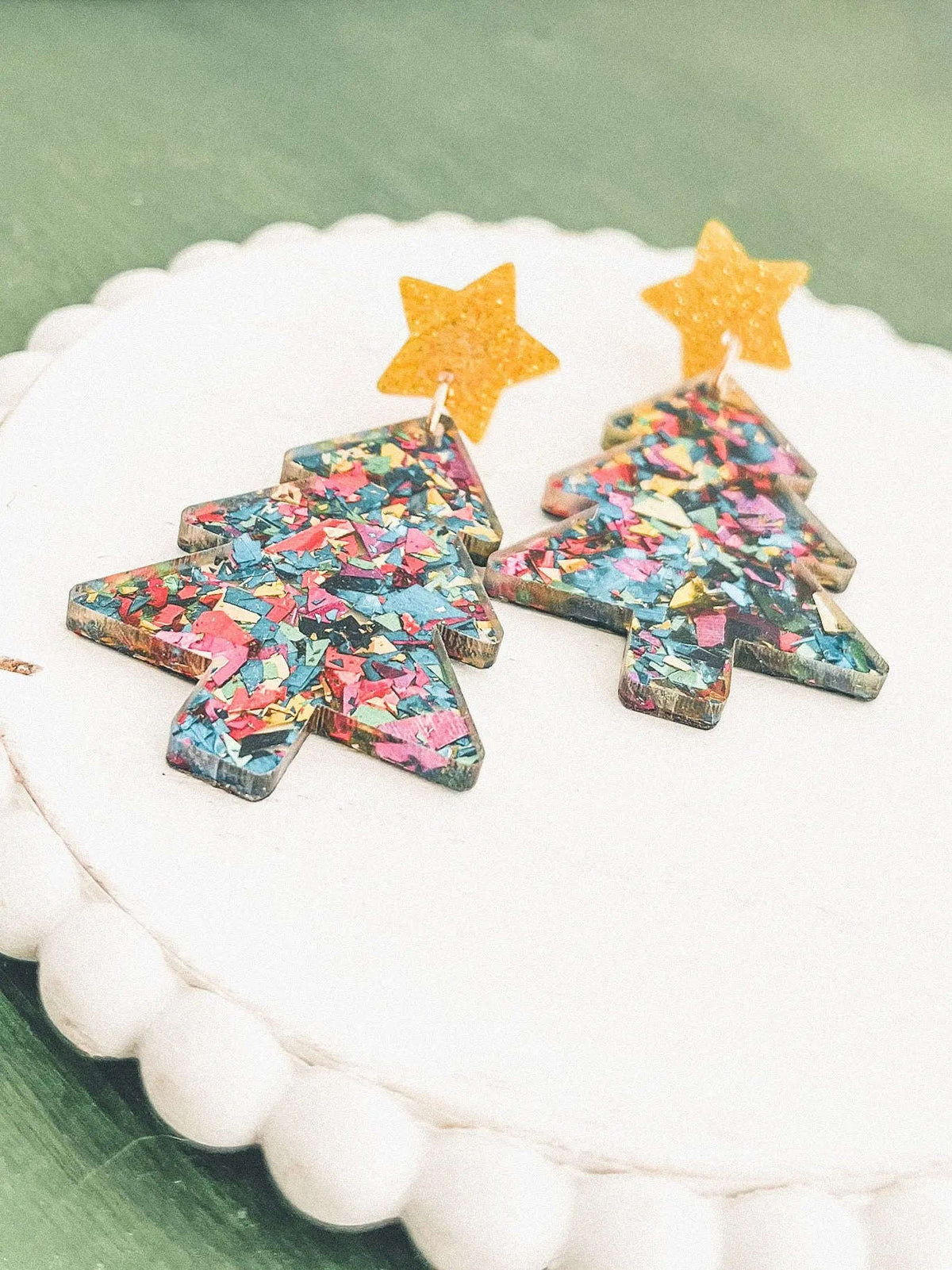 Acrylic Christmas tree earrings with confetti texture and two gold star tops