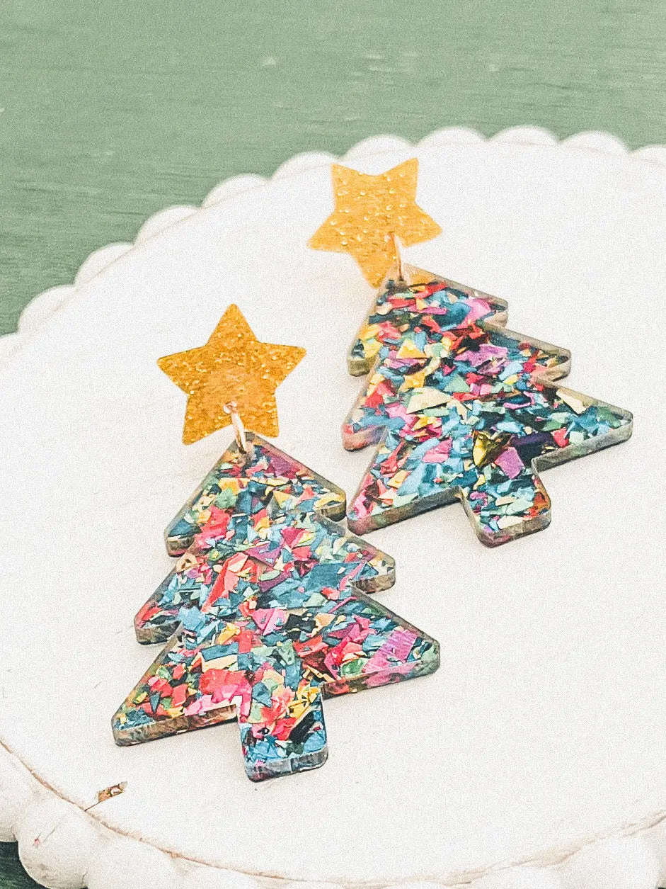 Acrylic Christmas tree drop earrings with colorful confetti pattern and gold star caps