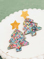 Acrylic Christmas tree drop earrings with colorful confetti pattern and gold star caps