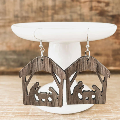 Nativity scene dangle earrings, dark wood stable shapes with hook backs