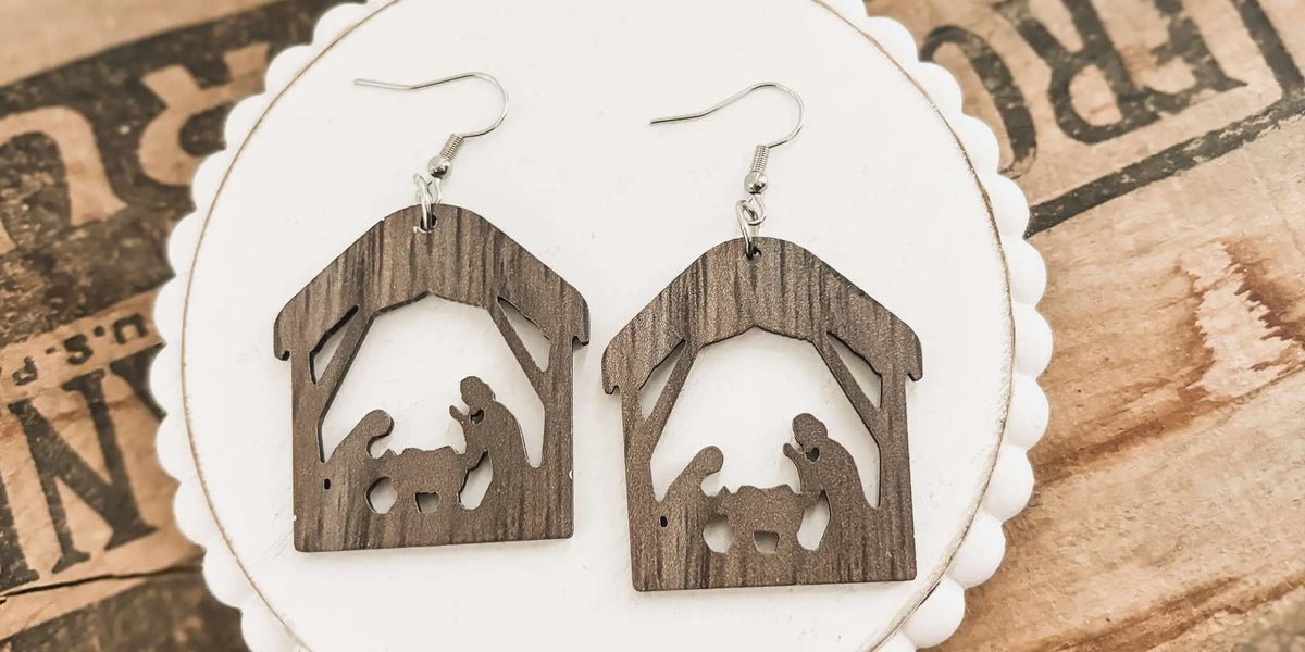 Wood nativity dangle earrings, stable silhouettes with baby and animals