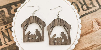Wood nativity dangle earrings, stable silhouettes with baby and animals