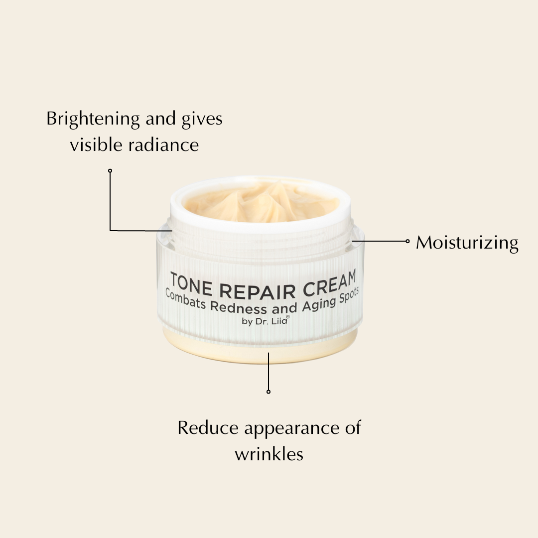 Tone Repair Cream jar with open lid and pale cream inside, product diagram style