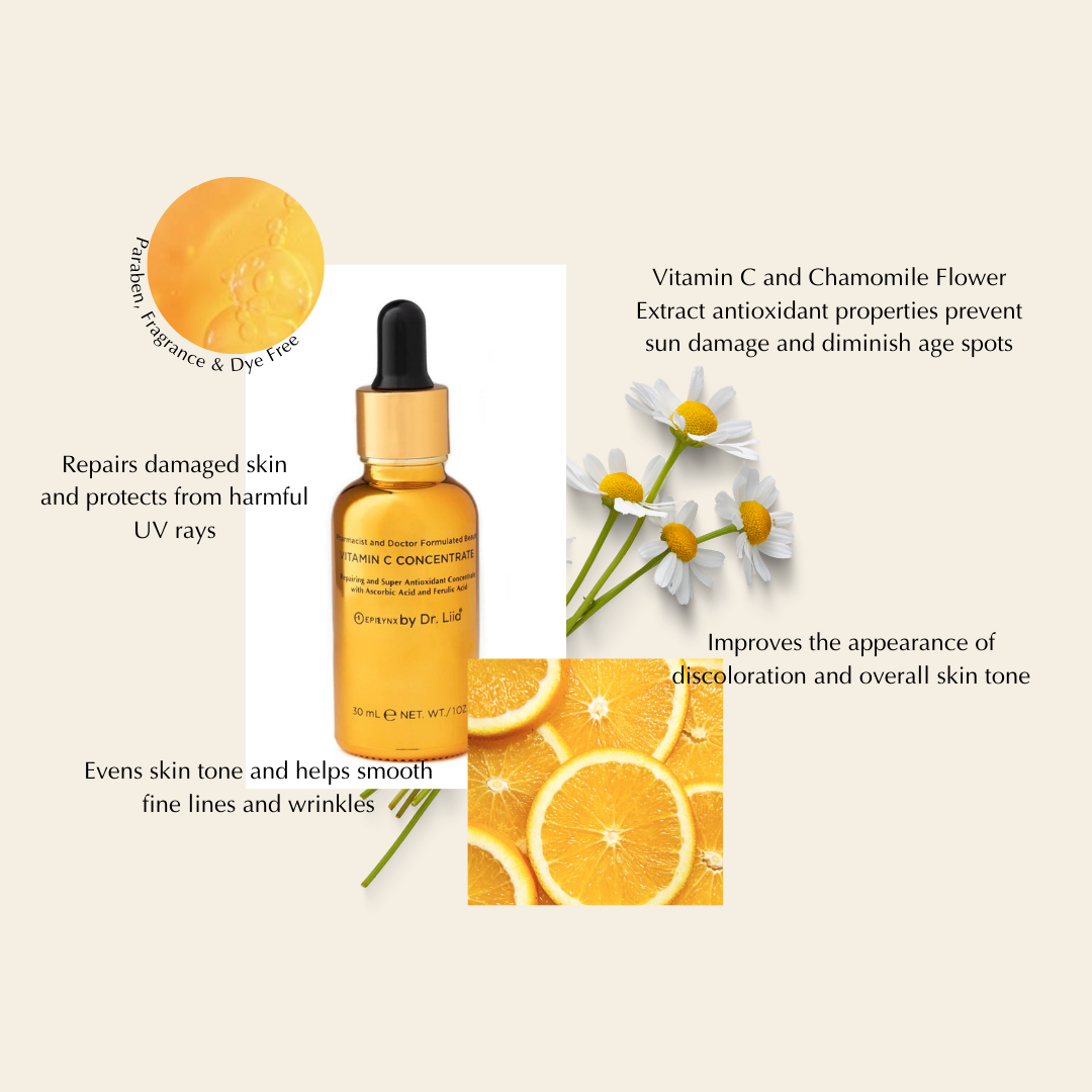 Vitamin C serum bottle with black dropper, chamomile flowers and orange