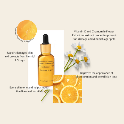 Vitamin C serum bottle with black dropper, chamomile flowers and orange
