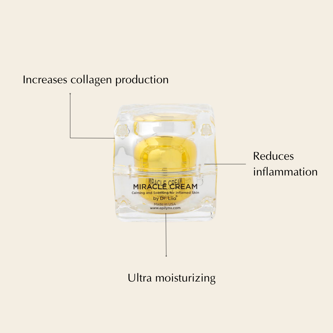 Face cream jar with gold-yellow gel, labeled with benefits