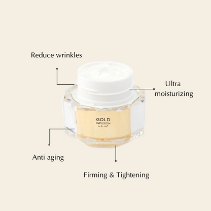 Face cream jar with white lid and gold infusion label reading Gold Infusion by Llyn