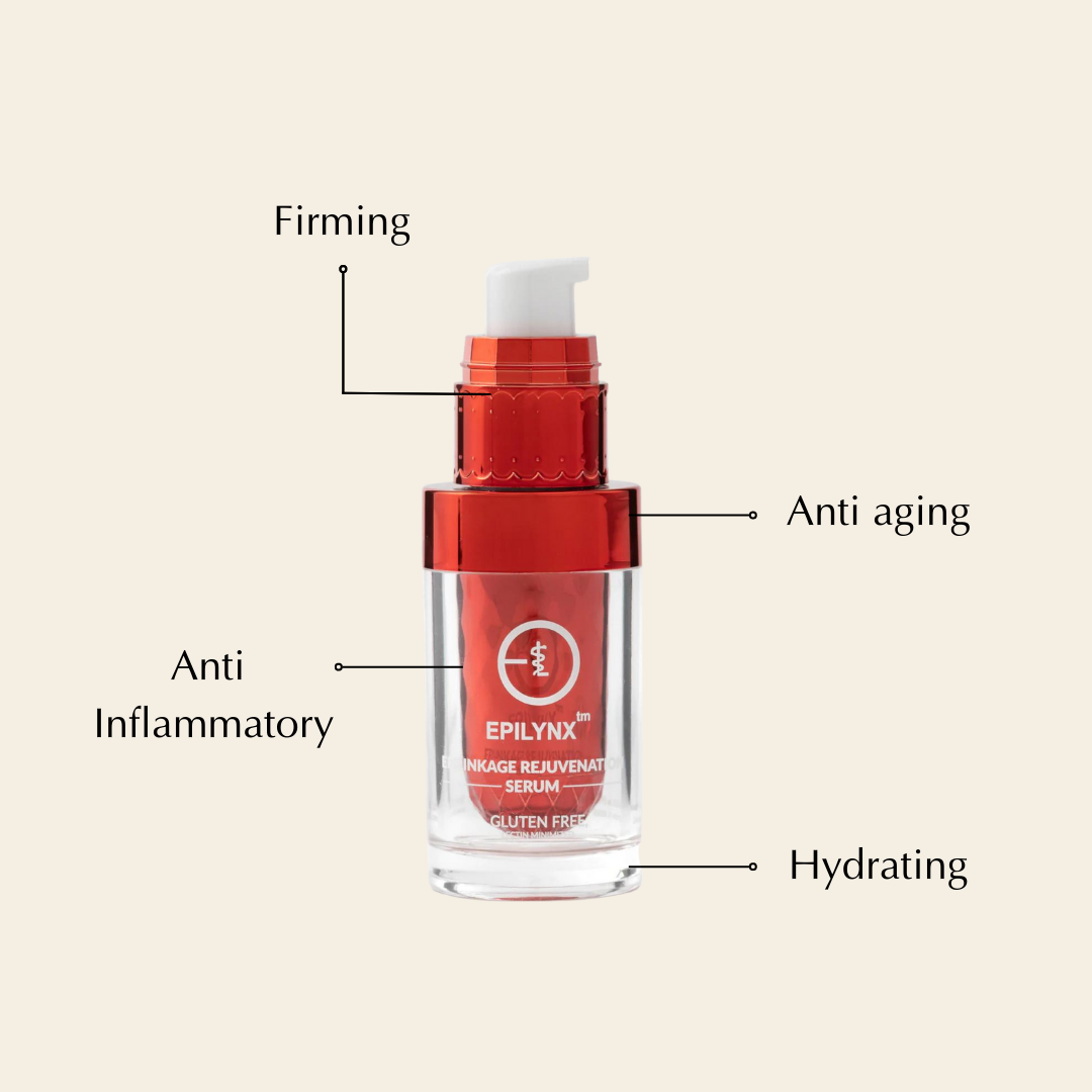 Face serum bottle on a minimal infographic with arrows showing benefits