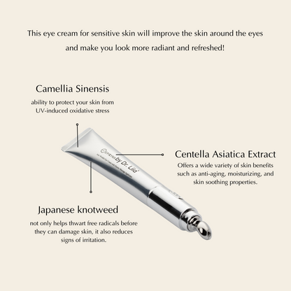 Eye cream tube with silver roller applicator and ingredient callouts