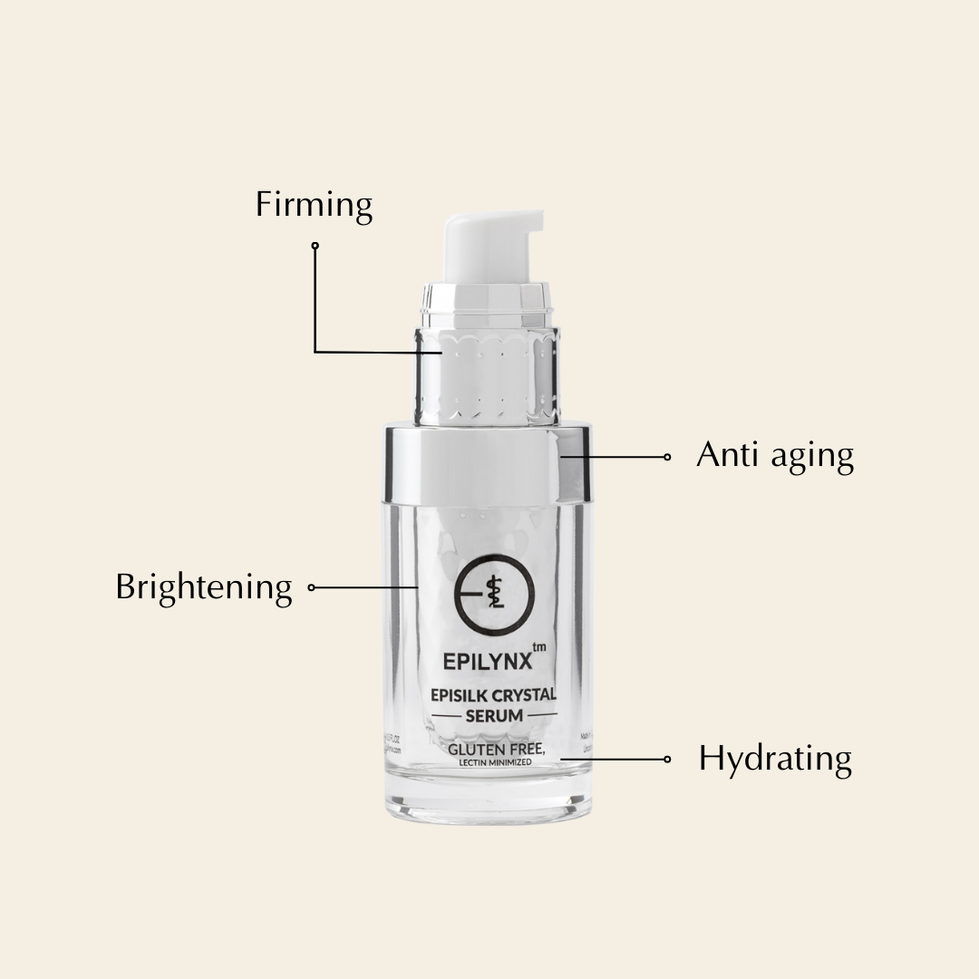 Facial serum bottle with pump, labeled with benefit callouts