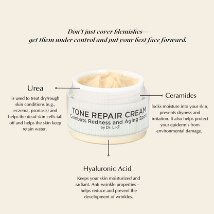 Tone Repair Cream jar centered with lid open and pale cream inside